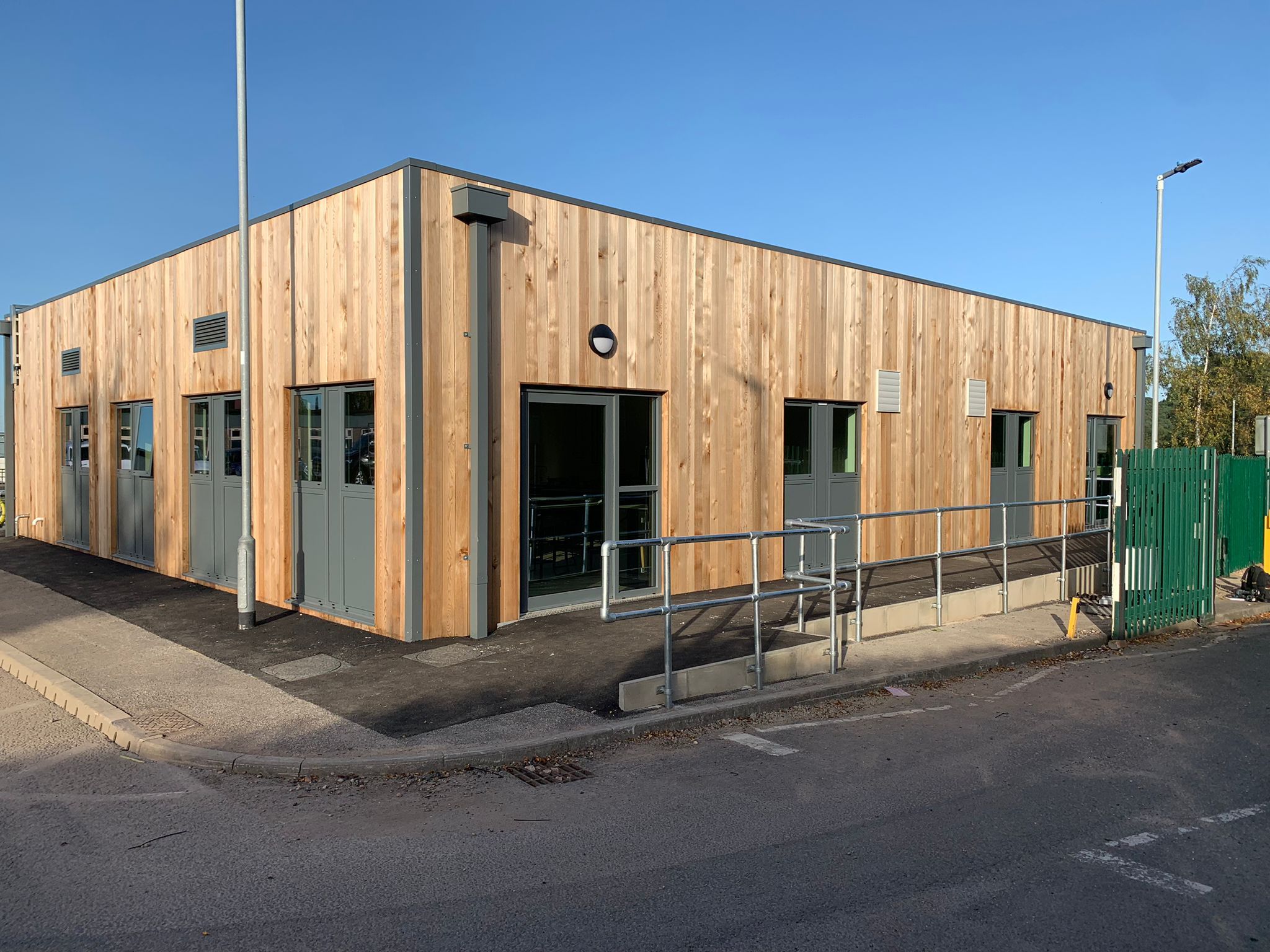 A timber clad modular building.