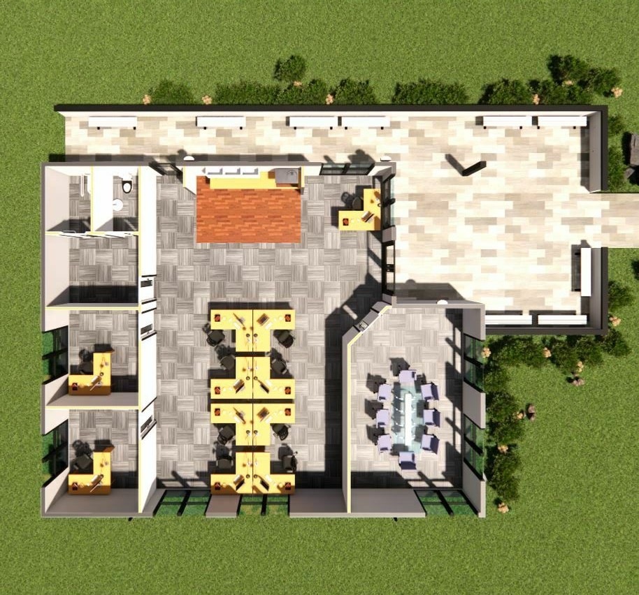 A top-down architectural floor plan depicts a modern office layout featuring open workspace with six desks, three individual offices, a meeting room, a kitchenette, and an adjacent outdoor patio area, set against a grassy background.