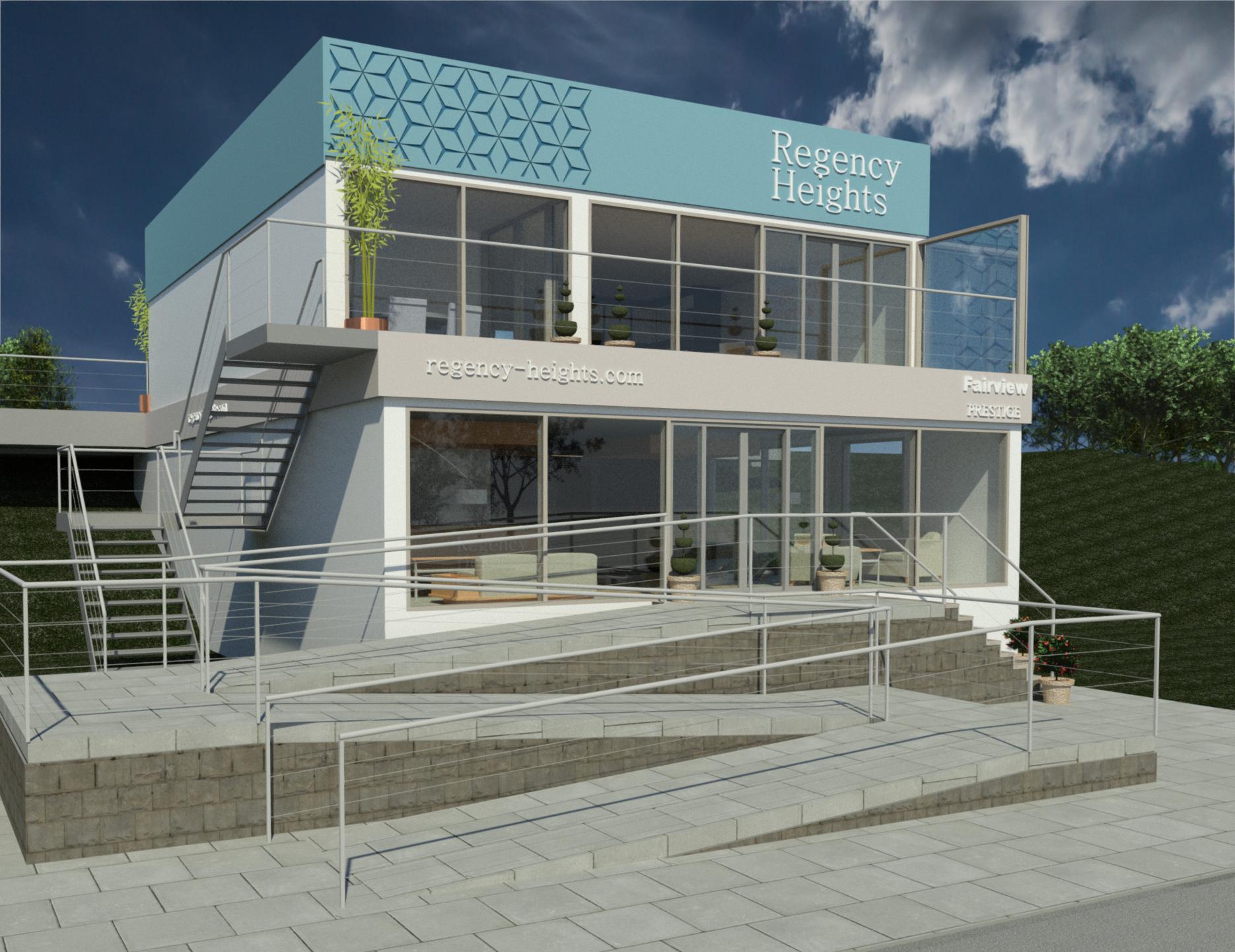 A modern, single-story building with large windows and an adjacent jungle gym stands behind a tall, metal fence in a grassy area under a partly cloudy sky.