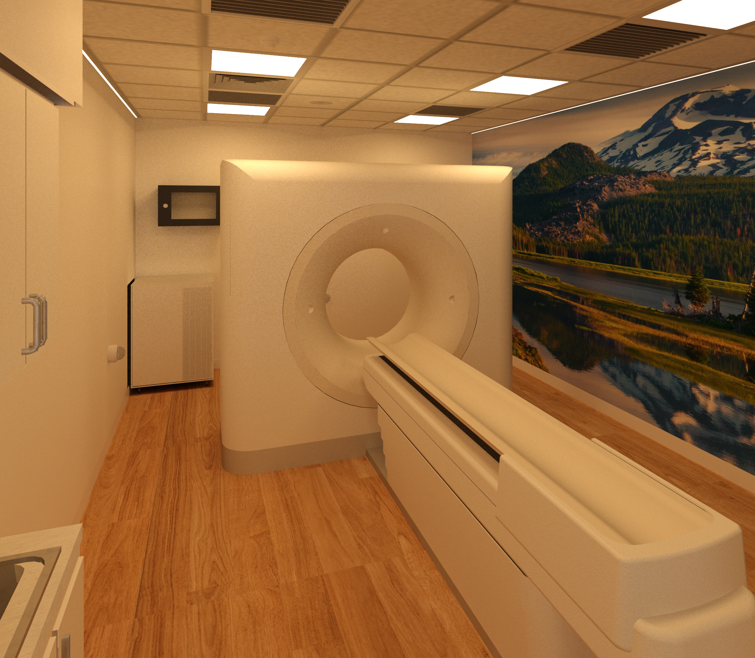 An MRI machine rests inside a medical examination room with wood flooring, beige walls, and a nature mural depicting mountains and water on one side.